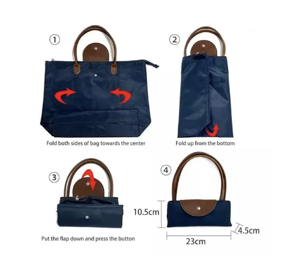Bolso cartera plegable azul con asas marrones, cerrado y con medidas.